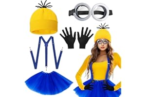 GLIROP 5PCS Yellow Costume Accessories for Adult, Fancy Dress Set with Goggles Black Gloves Beanie Knit Hats Tutu Skirt Blue Straps Party Costumes for Halloween Cosplay Party Supplies
