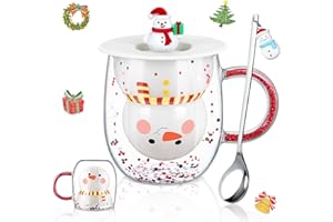 ecooe Muñeco de nieve Taza de Navidad de doble pared Vasos de café 240ml Regalos de Navidad Regalos para mujeres hombres niños Tazas de Navidad de vidrio con tapa Cuchara para cacao caliente Latte