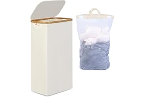 efluky Cesto de ropa con tapa 75L, Cesto de ropa fino con bolsillo interior lavable, Bandeja de ropa beige con asas de bambú, Cestos de ropa plegables para lavandería Dormitorio Baño