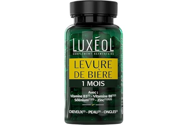 LUXÉOL - Levure De Bière - Complément Alimentaire - Cheveux, Peaux & Ongles - Santé - Zinc, Vitamine B3 B8, Sélénium - Fabriqué En France - Programme 1 Mois - 90 Gélules