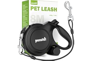 Pecute Correa Perro Extensible 8 Metros, Correa para 15-50 kg, con Cuerda Antimordida de 46cm, Bolsas Higiénicas y Portabolsa| 360° Antienredos| Paseo de Perros, Entrenamiento, días de Iluvia, Negro