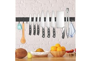 Dmore 59 cm Magnetic Strip Knife Holder with 4 Hooks, Black, No Drilling, Includes Adhesive Tape and Screws for Knives, Utensils and Tools