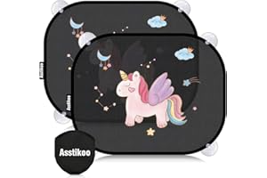 Asstikoo Pare-soleil pour voiture, bébé, avec protection anti-UV, motif de licorne, avec 8 ventouses, pour fenêtre de voiture, enfants, avec motifs d'animaux mignons, 45 x 35,5 cm (lot de 2)