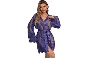 ohyeahlady Mujer Bata Sexy Kimono Encaje Ropa de Dormir Transparente Talla Grande con Cinturón y Tanga M-7XL