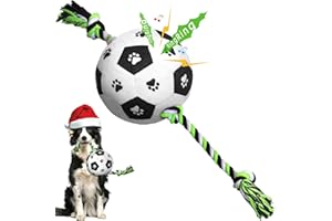 RUCACIO Dog Toys, Squeaky Dog Balls on Rope, Interactive Dog Soccer Ball Puppy Football Toy, Halloween Christmas Birthday Gifts for Tug of War for Puppy Small Medium Dogs