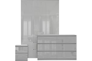 Blisswood High Gloss Bedroom Furniture Set 3 Piece Bedroom Set With High Gloss 3 Door Wardrobe & 6 Drawer Chest of Drawer + 2 Drawer Bedside Table Cabinet for Bedroom Storage Furniture Set (Grey)