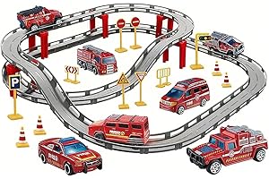 BASAMOU Circuit Voiture Electrique Enfant 3 4 5 6 7 8 9 Ans, Jouet Train Électrique Enfant Piste de Course, Jeux Véhicules Garçon Fille Cadeau d'anniversaire Noël (avec 4 Voitures Aléatoires) (Rouge)