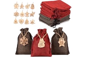Sweelov Lot de 24 sachets en Jute avec 24 Chiffres de l'Avent en Bois pour Noël