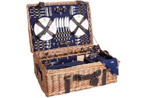 Les Jardins de la Comtesse - Picknickkorb Champs-Elysées aus Weidengeflecht und echtem Leder - Dunkelblau - Für 6 Personen - Komplett Ausgestattet - Teller aus Porzellan/Weingläsern - 66 x 44 x 23 cm