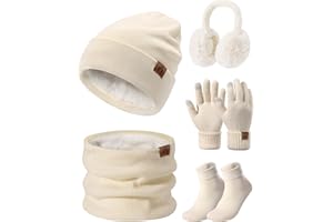Niwicee Mütze Schal Handschuhe Damen Winter Set Fleece Gefütterte Wärmer Loop Schlauchschal Touchscreen Handschuhe Beanie Strickmütze Dicke Socken Plüsch Ohrenschützer Kombi Set 5 Stücke