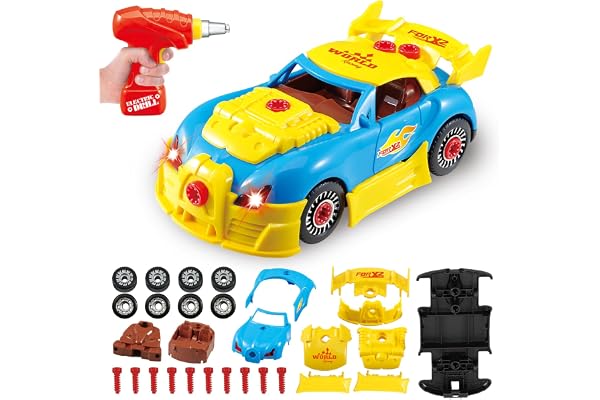 Pup Go Voiture à Construire pour Enfants 3+ Ans, Cadeau de Noë, EU de Construction 30 Pièces avec Perceuse Électrique, Voiture Démontable avec Lumières LED et Sons (Inclut 4 Vis de Rechange)
