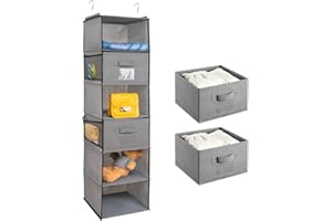 BrilliantJo Hanging Wardrobe Organiser 6 Shelves with 2 Removable Drawers Closet Storage, hanging Shelves Unit with 4 Pockets for Clothes - Grey(12x 12 x 43.3 inch)