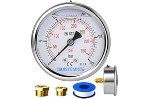 Hansfelds 0-25bar Pressure Gauge Liquid Filled 1/4'' BSP Back Mount 63mm Dial Face stainless steel case Brass Connection Dual Scale bar/psi Accuracy 1.6,2Pieces Bushing reducer 1/4"to 3/8",1/4"to1/2"
