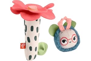 Fisher-Price Baby Toys Planet Friends Shake ‘n Rattle Busy Bee Sensory Plush 2-Piece Set for Newborns Ages 3+ Months, HYR56