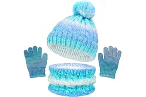 Mayoii Ensemble bonnet, écharpe et gants d'hiver 3 en 1 pour enfants avec bonnet à pompons, cache-cou et moufles pour garçons et filles âgés de 3 à 10 ans
