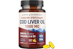 MAV NUTRITION Cod Liver Oil Softgels 1000MG | Omega 3 + Vitamin A & D3 | Wild Caught Cod Liver Oil, Icelandic Sourced & Molecularly Distilled | EPA DHA Omega 3 Supplement for Bone, Eye & Immune Health | 60 Ct