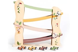Tiny Love Spielzeug Holz-Rennwagen Rampe, Autorennbahn Holz mit 4 leichtgängigen Holzrennautos, feinmotorische Fähigkeiten, kognitive Entwicklung, natürliches Design, 18+ Monate, Boho Chic