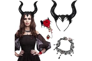 Boyigog 3PCS Witch Horn Headband Set with Gothic Lace Necklace and Rose Bracelet, Halloween Evil Witch Horns Accessories, Black Vintage Headbands for Women