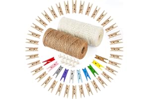 BLISSIQUEE Holzklammern klein, 200 Wäscheklammern Holz mit 120m Juteschnur für Fotogirlande, Mini Wäscheklammern Fotoseil für Fotos Bilder Collagen Postkarten Geschenke, Hochzeit, Adventskalender Deko