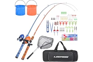 LEOFISHING Ensemble de canne à pêche pour enfants avec kit de démarrage complet canne à pêche télescopique portable et moulinet Spincast avec un filet de pêche et un seau pour garçons, filles et