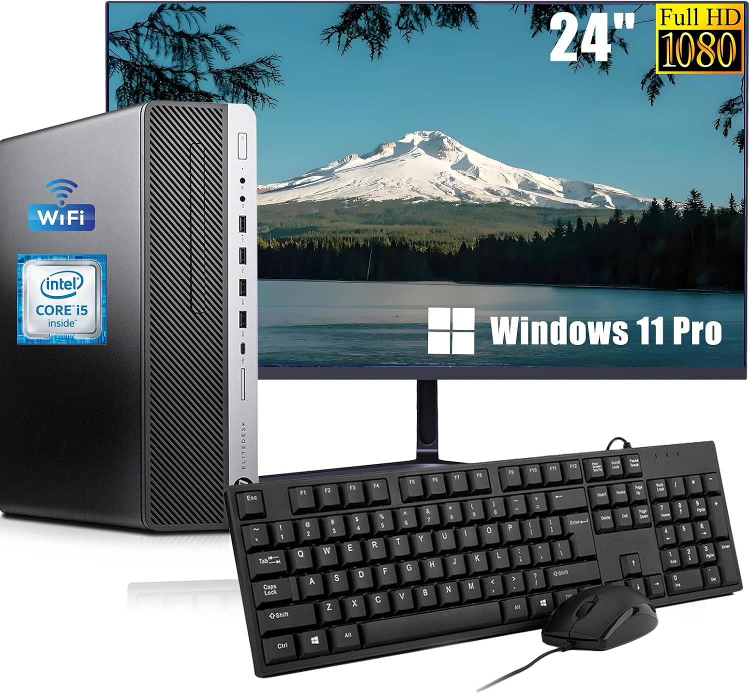 HP EliteDesk 800 G3 SFF - Ordenador de sobremesa con monitor de 24 pulgadas, Intel Core i5-6600, 16 GB de RAM, 256 GB SSD, WiFi, Bluetooth, teclado QWERTY de EE.UU., Windows 11 Pro (reacondicionado)