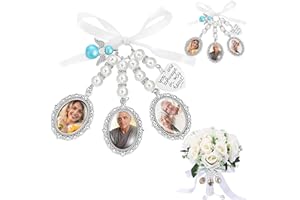 ramoni 2 PCS Wedding Bouquet Charms,Bridal Lacy Oval Photo Charm Frame,Wedding Bouquet Personalized Photo Charm Memorial,With Bow-Knot Rhinestone Pearl Heart Styled Pendent for Wedding Party
