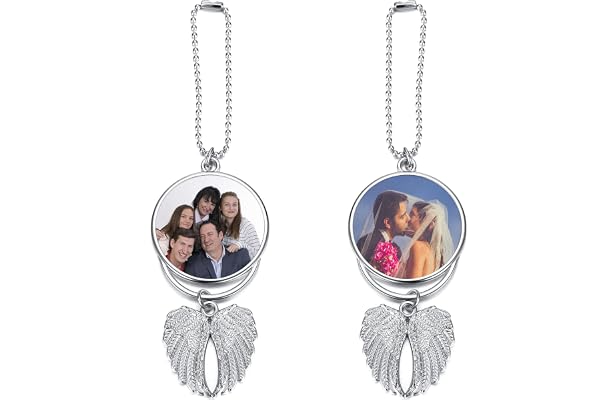 PiercingJak Photo Personnalisé Ornement Suspendu de Voiture Ailes Pendentif Décoration de Voiture Retroviseur Cadeau Saint-Valentin Anniversaire Fête Bijoux Femme Homme Alliage Argent