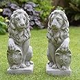 ONEFOLD - Stone Lion Lions With Shields Pair Hand Cast Garden Ornaments Outdoor Statue Sculpture Home Decor Singh Set of 2