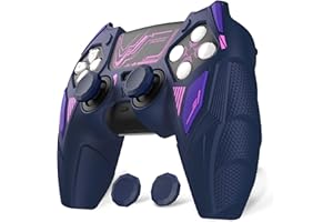 PlayVital Funda de Silicona para ps5 Mando - Carcasa Protectora con Tapas para Pulgar y Pegatinas, Accesorio Antideslizante Compatible con Estación de Carga - Mecha Rhino (Azul Noche & Morado)