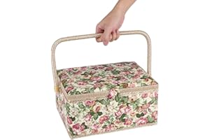 DIOCHE Scatola da cucito, cestino da cucito con stampa floreale con rose e manico ergonomico, per organizer domestico, 30,5 x 23,1 x 15,5 cm