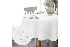 ‎WELTRXE WELTRXE Tischdecke, Minimalart Tischtuch aus Polyester mit Lotuseffekt, 180cm Leinenimitation Wasserabweisend Abwaschbar Tisch Decke, Rund Weiß Tischwäsche für Esstisch Zuhause Hochzeit Festival