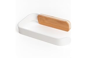 KAZAI.® Porta Rotolo Carta Igienica "Leif" Design - Da Muro con Adesivo (Nessuna Perforazione) | Acciaio Inossidabile & Legno di Bambù Autentico | Portarotolo Bagno | Bianco Opaco