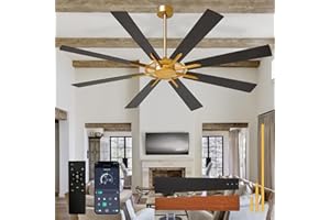Depuley Grand ventilateur de plafond sans éclairage: Ventilateurs de plafond extérieurs 72 pouces à 8 pales avec commande via application mobile - Grand ventilateur noir et doré sans éclairage