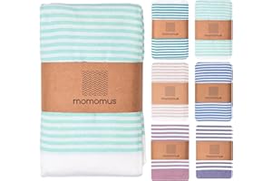 ‎MOMOMUS MOMOMUS Fouta XXL oder Picknickdecke XXL für den Strand - Mit Fransen, Gestreift und Leicht - Große Stranddecke, Sandfreie Strandmatte und Faltbare Campingdecke - Türkis, 210x240 cm