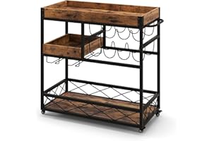 GOPLUS 3-poziomowy wózek do serwowania, mobilny wózek barowy z 8 butelkami na wino i 12 uchwytami na szkło, wózek kuchenny z uniwersalnymi kółkami, uchwyty, drewniany wózek do salonu i kuchni