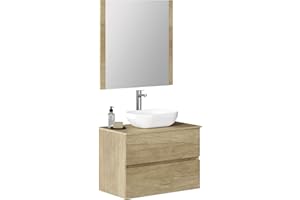 Baikal Baño Onyx, 2 cajones, suspendido en Pared, con Lavabo cerámico. Mueble Montado, Melamina 16,Mueble F46 + Top + Lavabo + Espejo 70 cm Nature