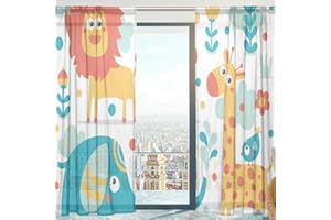 Mnsruu Rideaux Transparents pour fenêtre, Motif éléphant, Lion, Girafe, Jungle en Tulle Doux pour Salon, Chambre à Coucher, Chambre d'enfant, 140 x 198 cm, 2 Panneaux