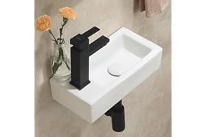 ‎HOROW HOROW Waschbecken Hängend, Wandwaschbecken Eckig Weiß Keramik Porzellan Mini Handwaschbecken Klein Gäste WC, Hahnloch Links, 370 x 185 x 90 mm, kein Pop-up-Abfluss
