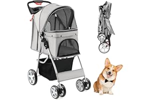 COSTWAY Wózek dla psów domowych do 15 kg, z okienkiem z siatki, uchwytem na napoje, koszem i ochroną przed słońcem, składany wózek dla kotów