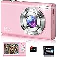 AquaFalcon Digital Camera, 48MP Point & Shoot with 16X Zoom, Anti-Shake, 32GB Card, Compact for Teens & Adults (Pink)