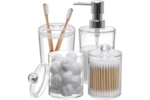 TBESTMAX Plastic Clear Bathroom Accessories Set Complete 4 Pcs - Soap Dispenser, 2 Qtip Holder Jars and Toothbrush Holder, Counter Decor