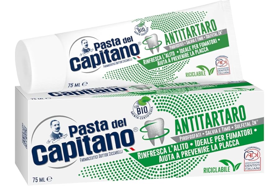 Pasta del Capitano, Organic Anti-artartar Toothpaste, Gives Freshness and Refreshes Breath, Ideal for Smokers, Helps Prevent Plaque, 100% Made in Italy, 75 ml Tube