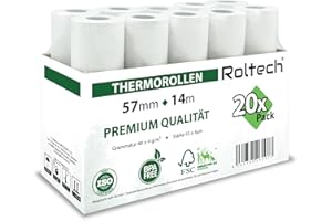 ‎ROLTECH ROLTECH | 20 Thermorollen | 57mm x 14m x 12mm | BPA frei | EC Cash | Kassenrollen | Thermopapier | Bonrollen | Premium Qualität (20 Rollen)