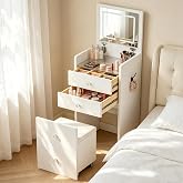 Small Dressing Table Dressing Table with Mirror Wooden Table 90&deg; Folding Mirror Padded Stool with Wheels 2 Drawers 1 Hook Cle