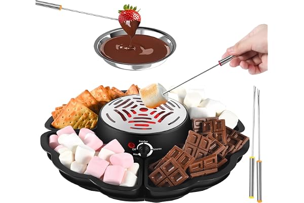 Set à fondue au chocolat 12 pièces avec plateau à fruits et biscuits, appareil 2-en-1 pour fondue et S’mores, chauffe-marshmallow électrique à température réglable, idéal pour fêtes et famille