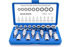 DAKCOS Juego de 19 piezas de llaves de vaso Torx y hexagonales externas, 1/2 pulgadas, CR-V, E10-E24 y T20-T70, con maletín de almacenamiento