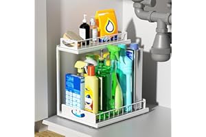 SUMAITech Organizer Cucina Metallo, Organizer Sottolavello Cucina da 2 Livelli, Organizzatore Salvaspazio, adatto a Cucina Bagno e Soggiorno, Multiuso Porta Detersivi Sottolavello, Bianco