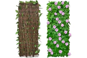 REOVE 2Pcs Artificial Leaf Screening, Expandable Fence Privacy Screen for Balcony Patio Outdoor,Decorative Faux Ivy Fencing Panel,Artificial Hedges 30x200cm- Expanded (Pink Flowers)