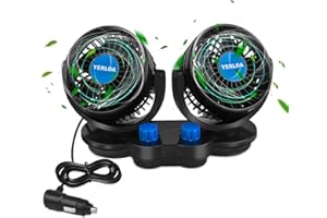 Yerloa Ventilador de Coche 12V,Ventilador de Coche Doble Cabezal Giratorio 360°, 2 Velocidades, Mini ventiladores Sistema de Refrigeración para Aire Acondicionado de SUV ATV RV 2025 Nuevos