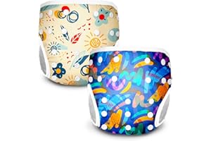 JUNUNDJING Schwimmwindel Wiederverwendbar (2 Stück), Waschbar Schwimmwindel für Kleinkinder von 0 bis 3 Jahren, Baby Schwimmhose Verstellbarer, Badeanzug Windeln Waschbare (Beige und Blau)